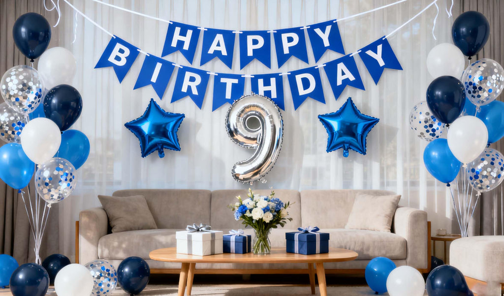 JumDaQQ Blue 9th Birthday Balloon Set – 31-Piece Party Decor with Number 9 Foil, Star Balloons, and Happy Birthday Banner