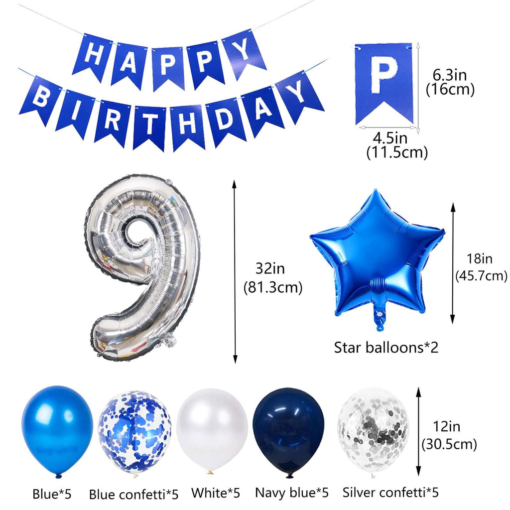 JumDaQQ Blue 9th Birthday Balloon Set – 31-Piece Party Decor with Number 9 Foil, Star Balloons, and Happy Birthday Banner