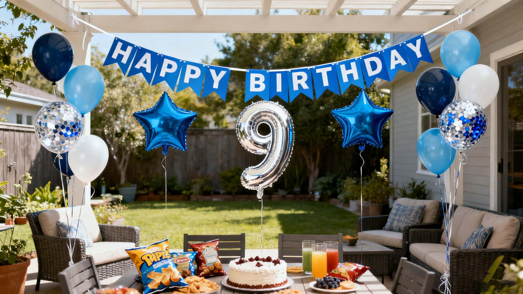 JumDaQQ Blue 9th Birthday Balloon Set – 31-Piece Party Decor with Number 9 Foil, Star Balloons, and Happy Birthday Banner