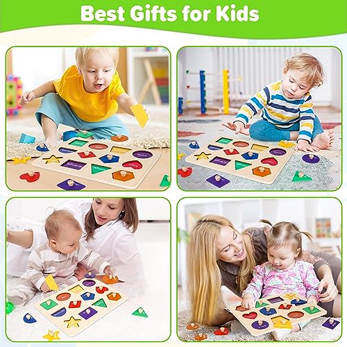 Jumlys Wooden Shape Peg Puzzle, 12 Shapes & 6 Colors, Montessori Learning Toy for Toddlers 1-3