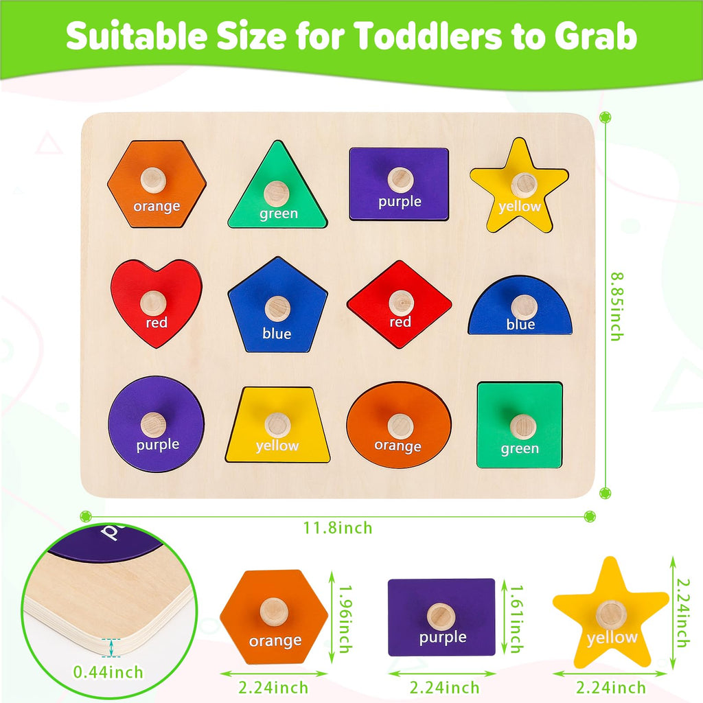 Jumlys Wooden Shape Peg Puzzle, 12 Shapes & 6 Colors, Montessori Learning Toy for Toddlers 1-3