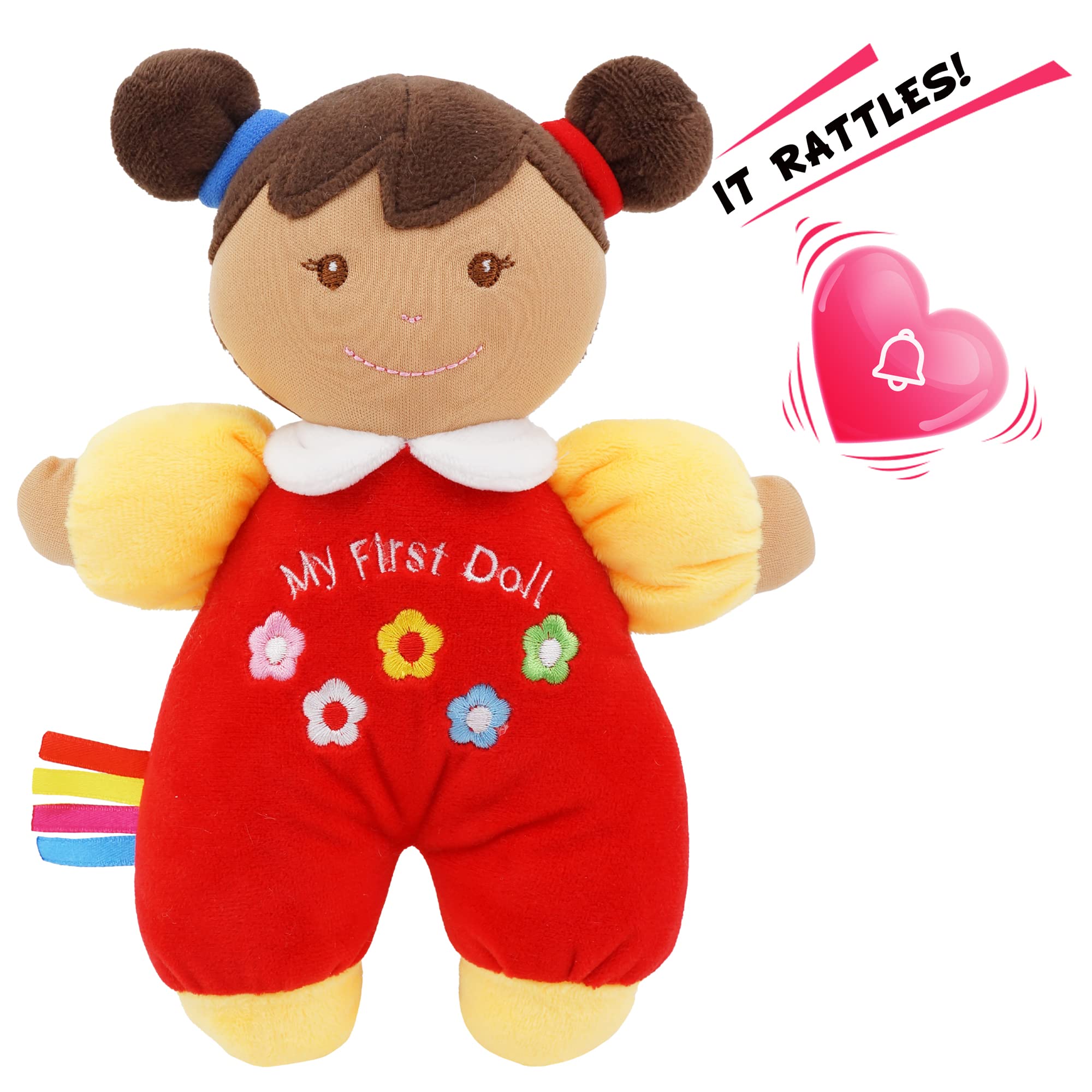 June Garden 9" My First Doll Ava - Soft Plush Baby Doll with Rattle and Taggies