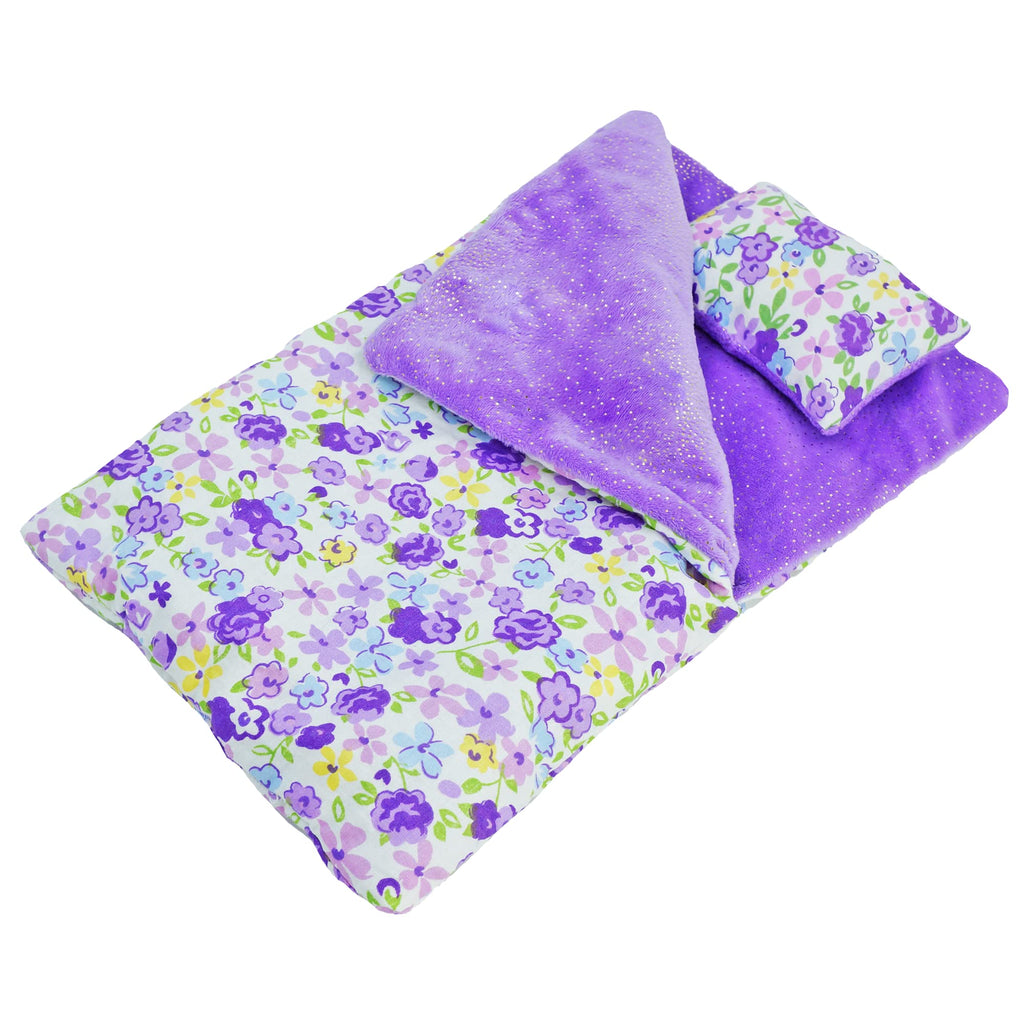 June Garden Cozy Dream Reversible Doll Sleeping Bag with Pillow for 14-Inch Dolls