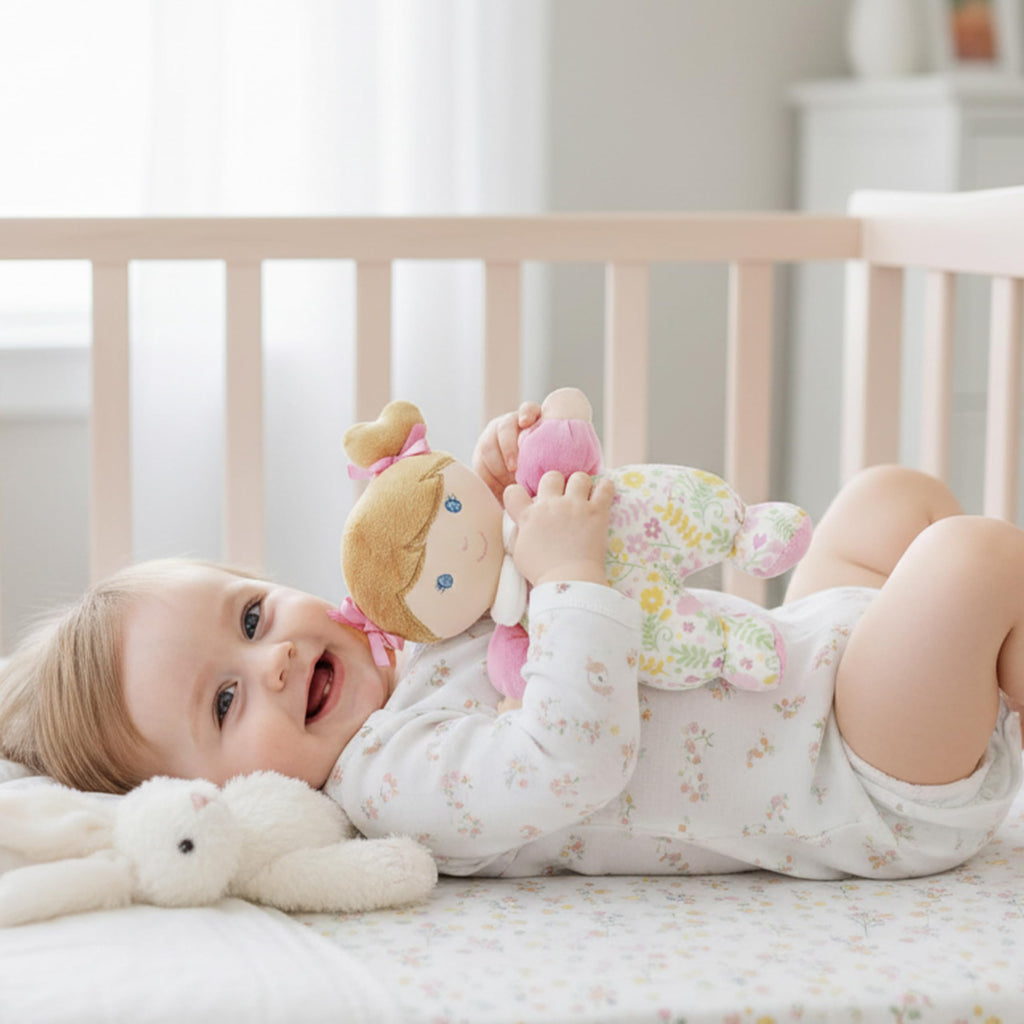 June Garden My First Doll Blossom – 9-Inch Soft Plush Baby Doll with Rattle, Pink Floral PJs