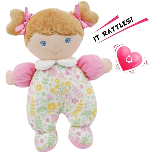 June Garden My First Doll Blossom – 9-Inch Soft Plush Baby Doll with Rattle, Pink Floral PJs
