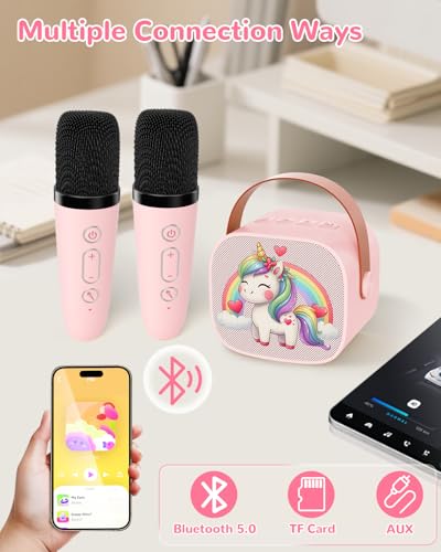 JUNGLE MONSTER Mini Karaoke Machine for Kids with 2 Microphones, Bluetooth 5.0, LED Lights, Portable Pink Pony Design