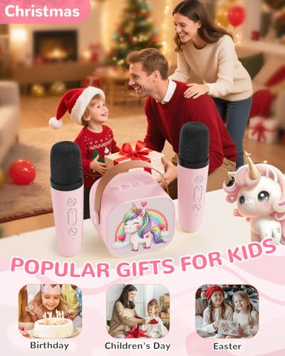 JUNGLE MONSTER Mini Karaoke Machine for Kids with 2 Microphones, Bluetooth 5.0, LED Lights, Portable Pink Pony Design