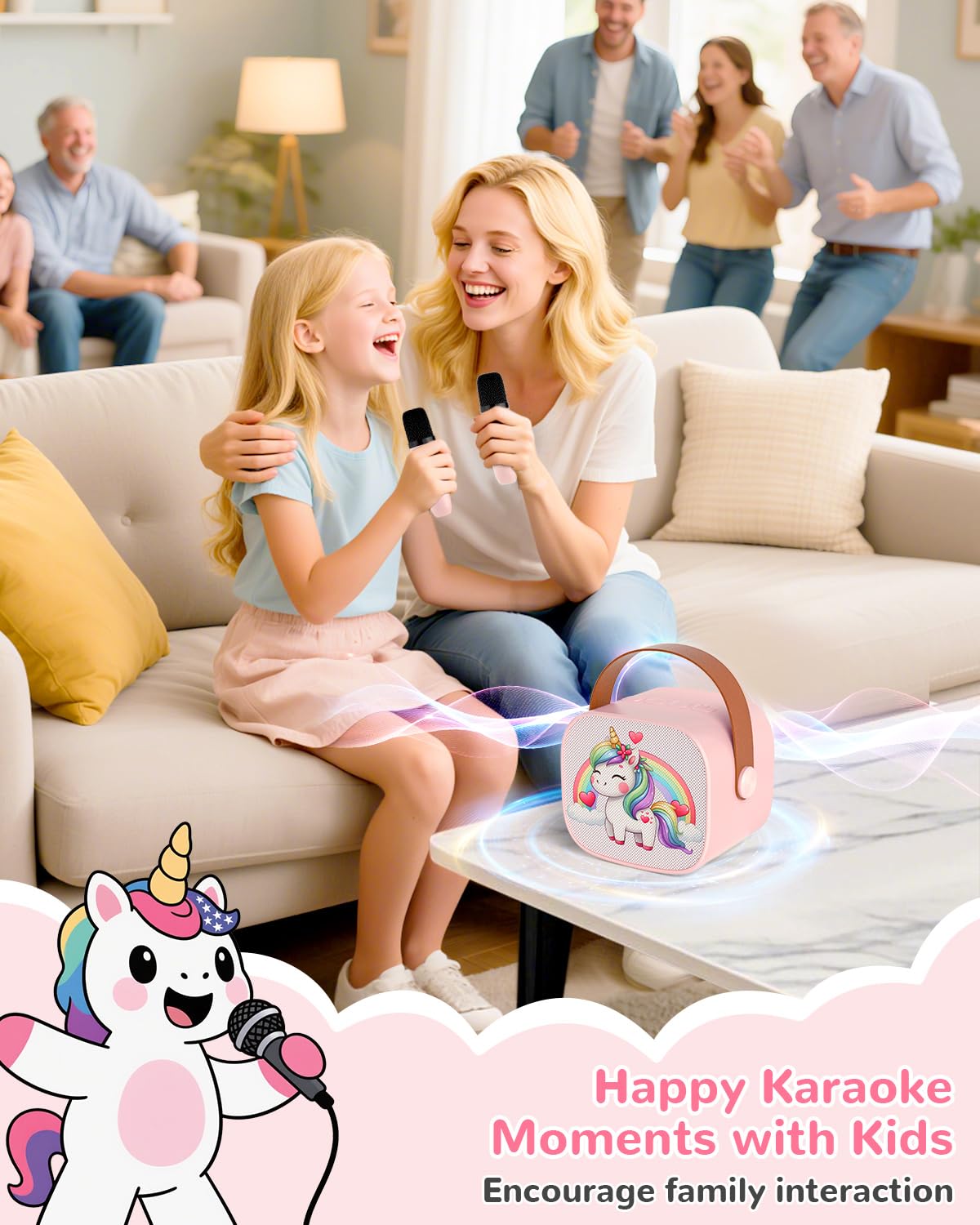 JUNGLE MONSTER Mini Karaoke Machine for Kids with 2 Microphones, Bluetooth 5.0, LED Lights, Portable Pink Pony Design