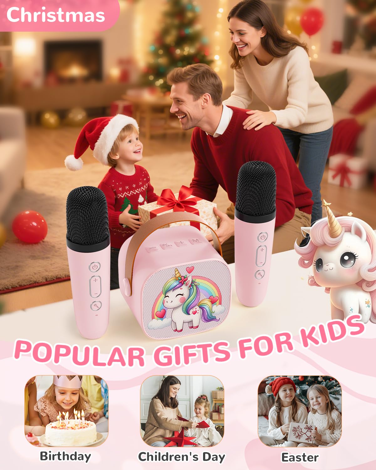 JUNGLE MONSTER Mini Karaoke Machine for Kids with 2 Microphones, Bluetooth 5.0, LED Lights, Portable Pink Pony Design