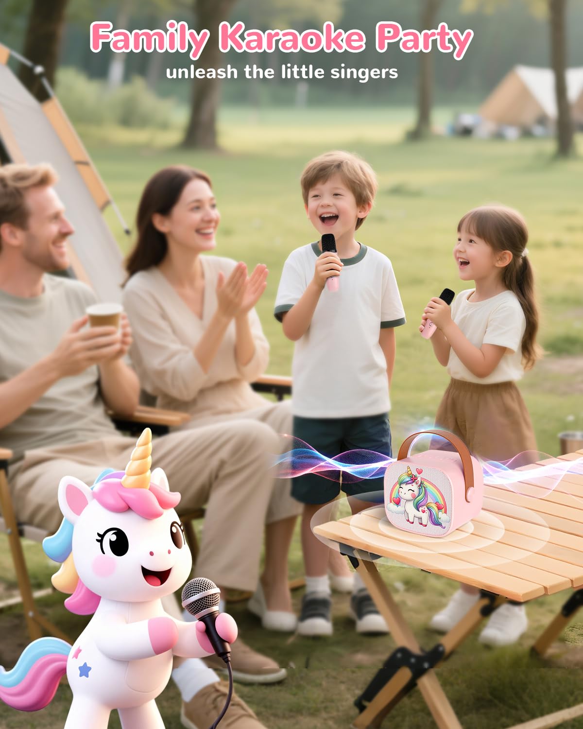JUNGLE MONSTER Mini Karaoke Machine for Kids with 2 Microphones, Bluetooth 5.0, LED Lights, Portable Pink Pony Design