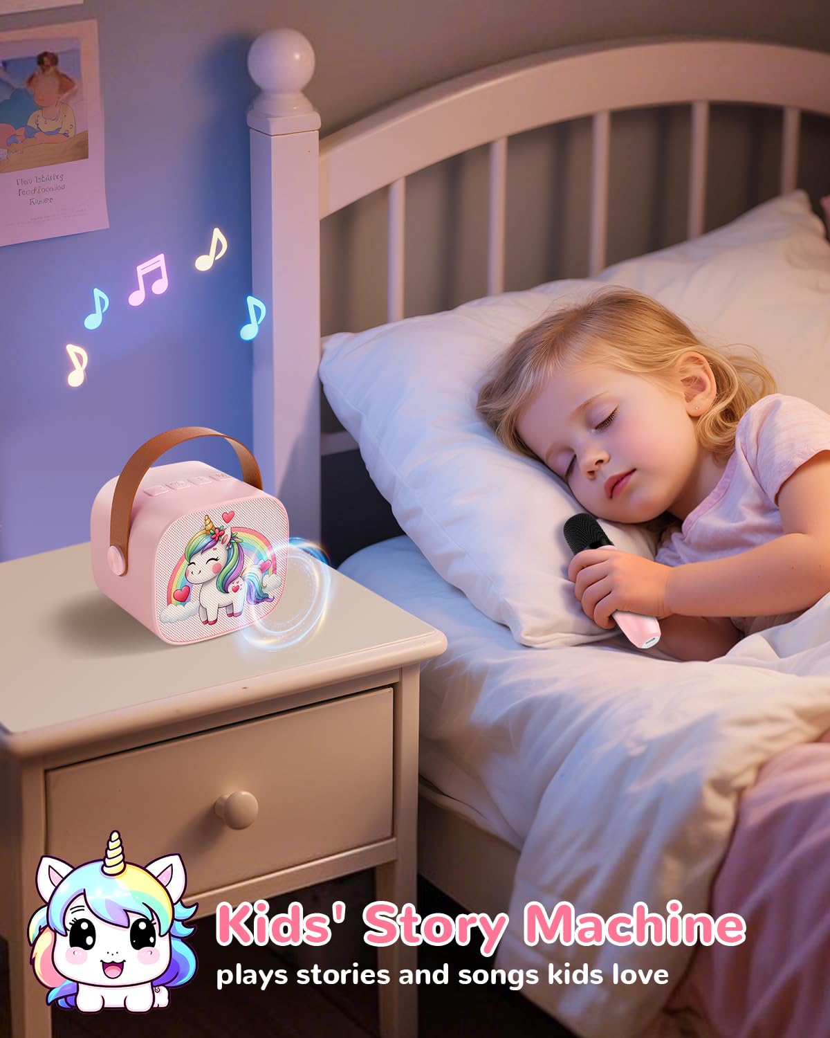 JUNGLE MONSTER Mini Karaoke Machine for Kids with 2 Microphones, Bluetooth 5.0, LED Lights, Portable Pink Pony Design
