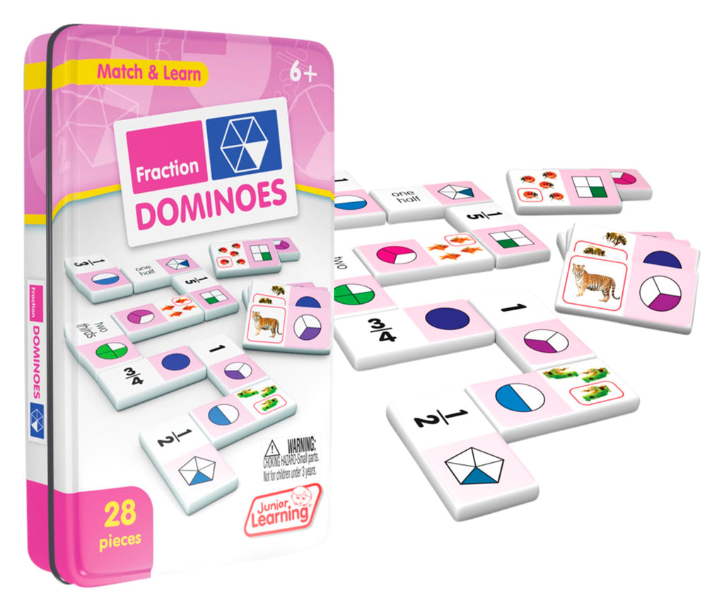 Junior Learning JL485 Fraction Dominoes – 28 Piece Set with Storage Tin