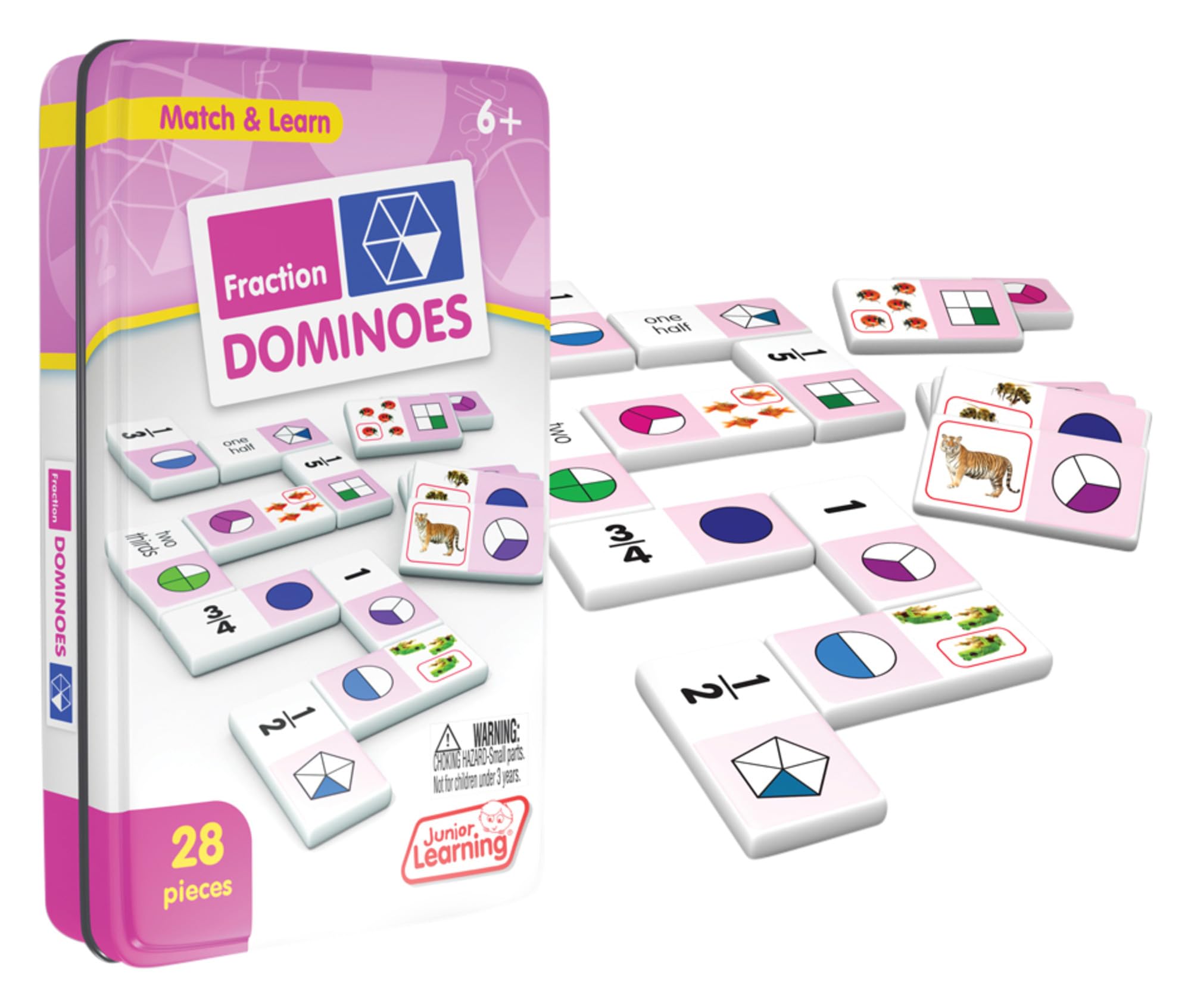 Junior Learning JL485 Fraction Dominoes – 28 Piece Set with Storage Tin