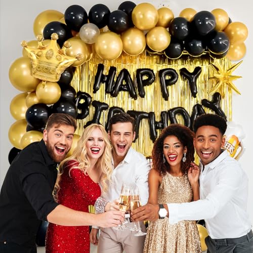 Junopy Black and Gold Birthday Party Decoration Kit – 80-Piece Set with Banner, Fringe Curtain, and Foil Balloons