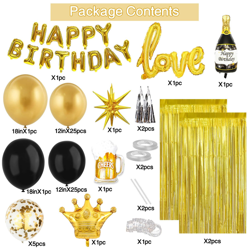 Junopy Black and Gold Birthday Party Decoration Kit – 80-Piece Set with Banner, Fringe Curtain, and Foil Balloons