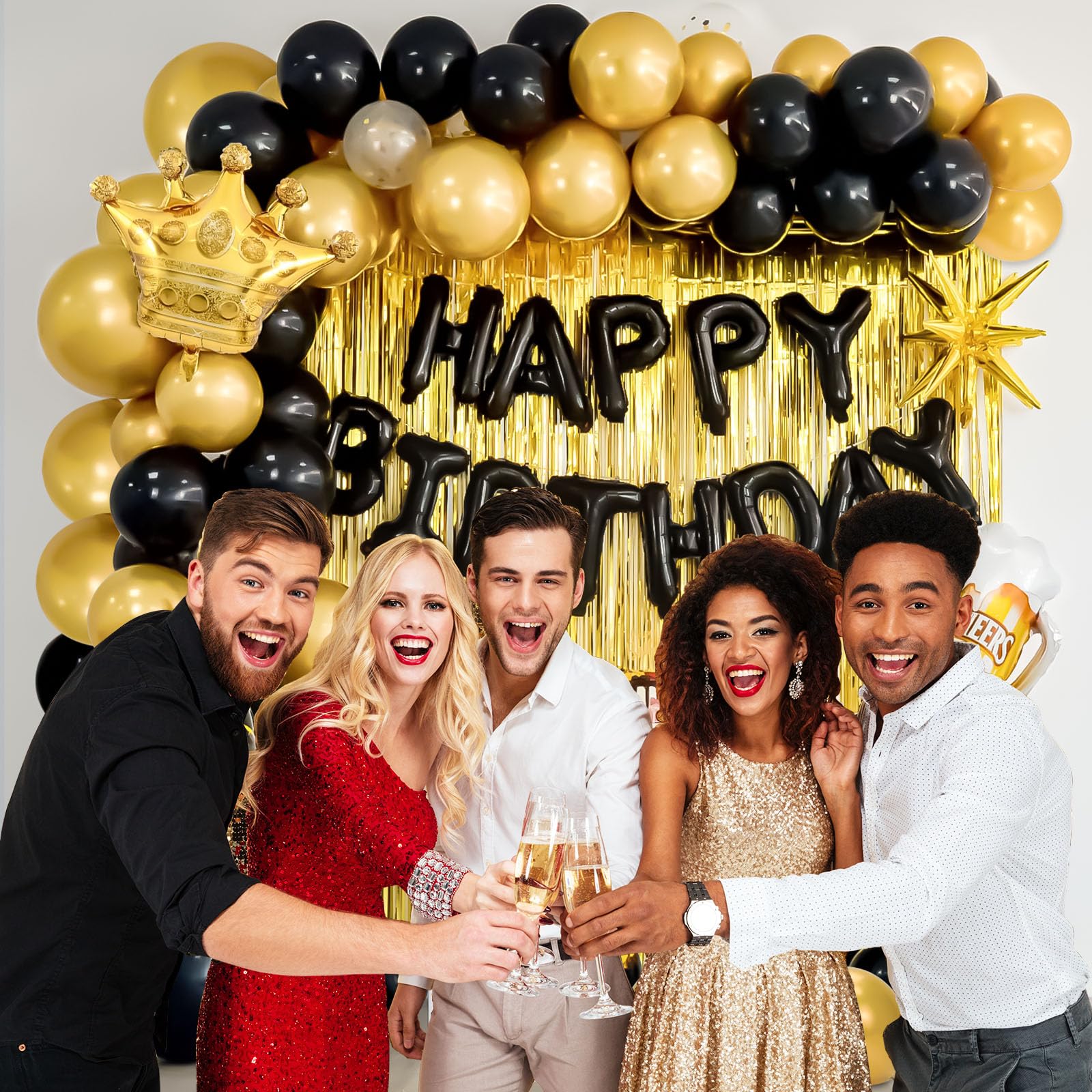 Junopy Black and Gold Birthday Party Decoration Kit – 80-Piece Set with Banner, Fringe Curtain, and Foil Balloons