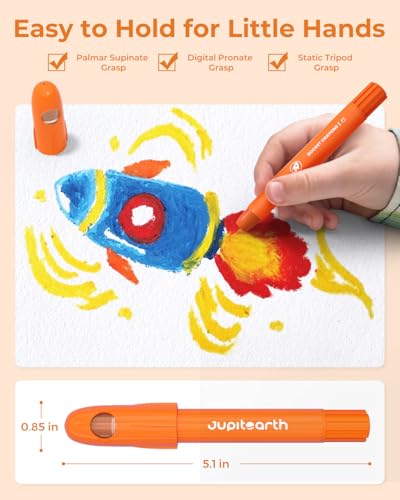 JUPITEARTH 12-Color Twist Crayons for Toddlers - Non-Toxic, Washable, Easy-Grip Rocket Crayons with Storage Bucket and 120 Coloring Pages