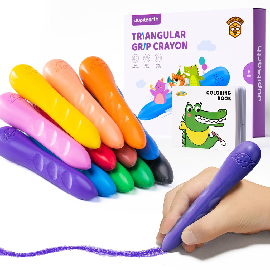 JUPITEARTH 12 Colors Triangular Crayons for Kids - Non-Toxic, Washable, with Coloring Book & Stickers