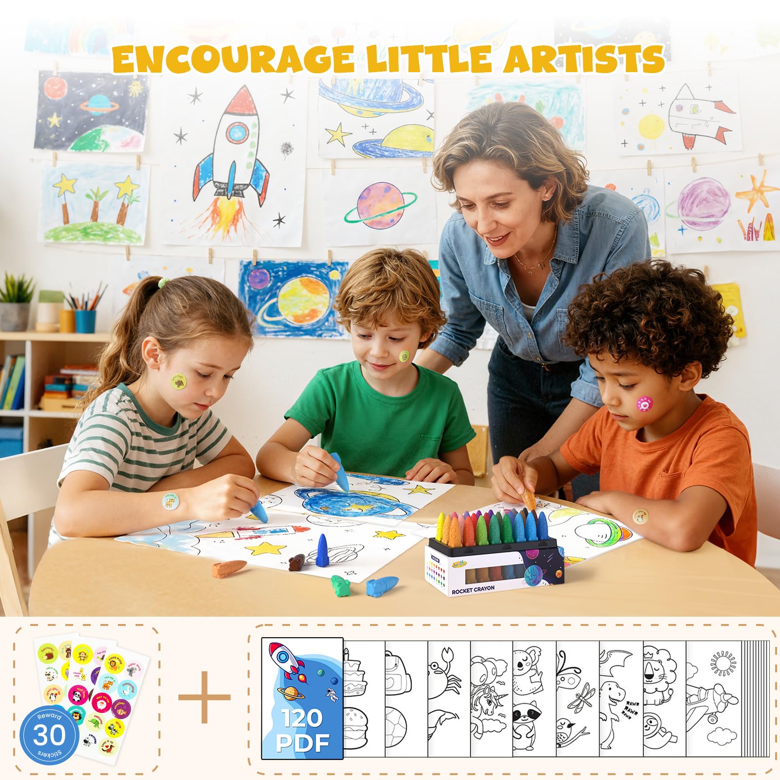 JUPITEARTH 24 Colors Rocket Crayons - Non-Toxic, Washable & Unbreakable Toddler Crayons