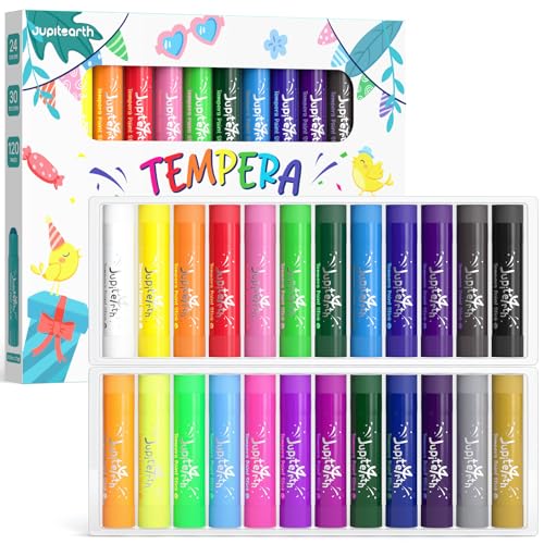 JUPITEARTH 24 Colors Tempera Paint Sticks – Quick-Dry, Washable & Non-Toxic Art Set for Kids with 120 Coloring Pages and Stickers