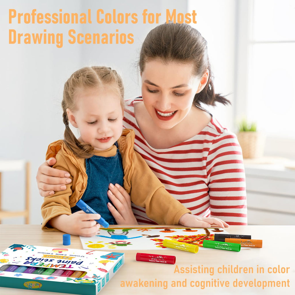 JUPITEARTH 24 Colors Tempera Paint Sticks – Quick-Dry, Washable & Non-Toxic Art Set for Kids with 120 Coloring Pages and Stickers