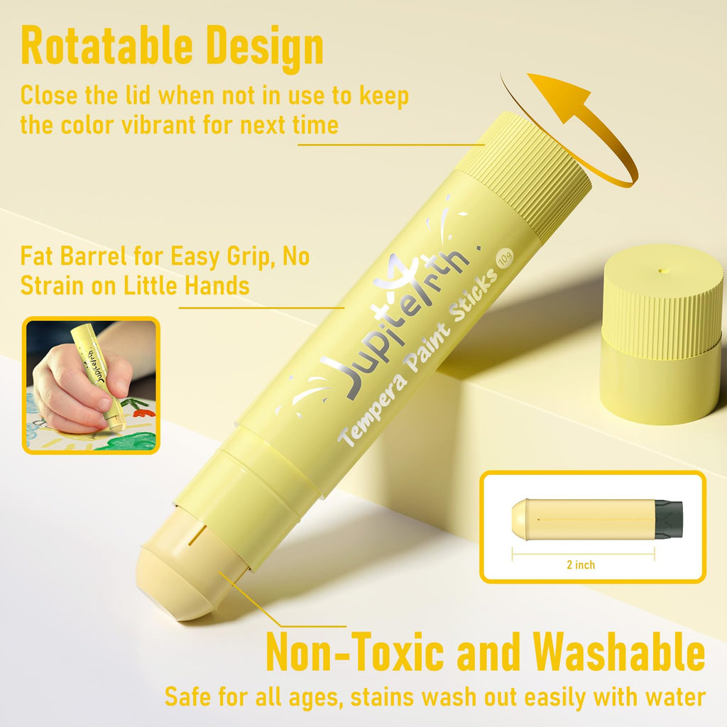 JUPITEARTH 24 Colors Tempera Paint Sticks – Quick-Dry, Washable & Non-Toxic Art Set for Kids with 120 Coloring Pages and Stickers