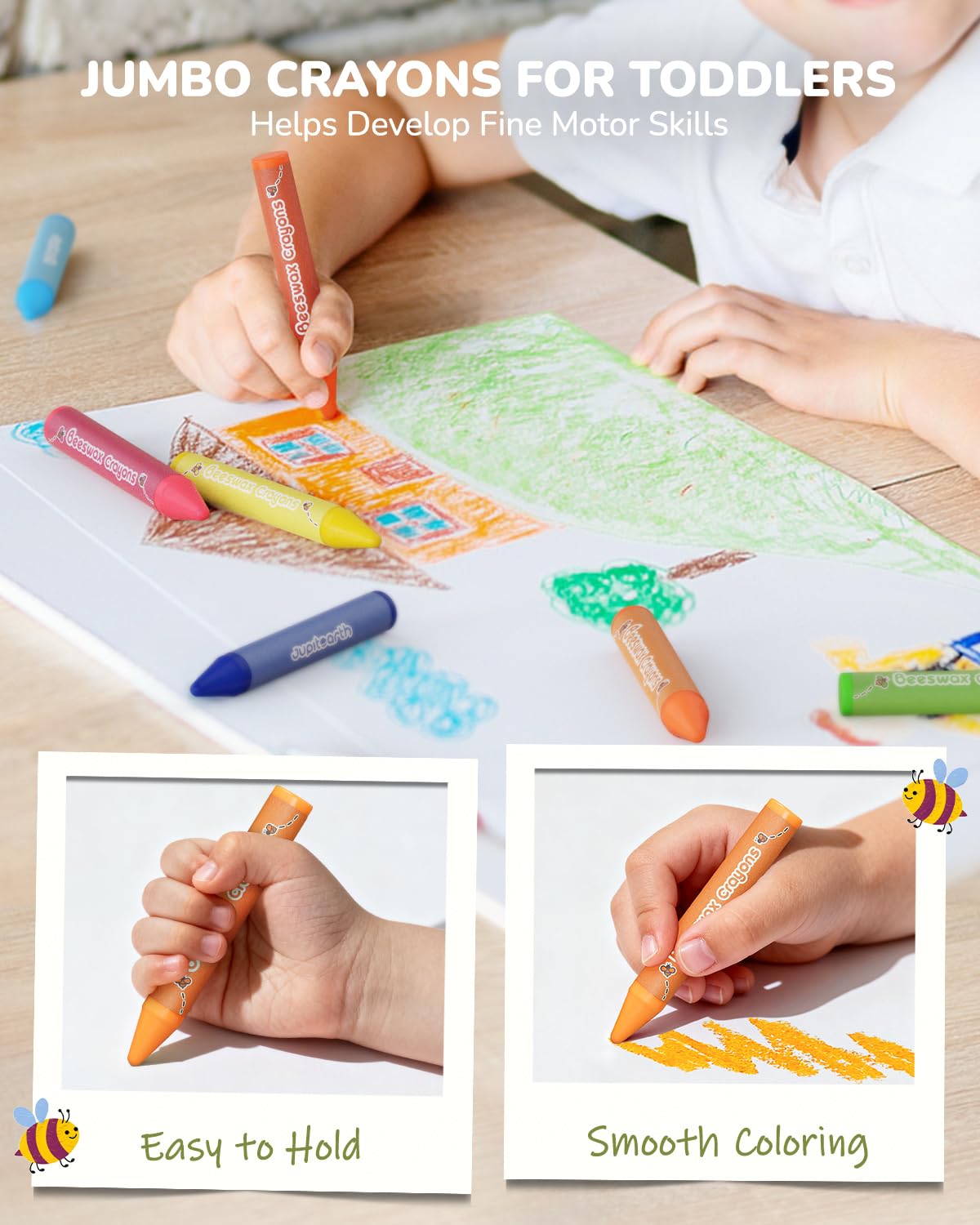 JUPITEARTH Beeswax Crayons: 12 Non-Toxic, Jumbo, Washable Crayons for Toddlers Ages 1-8