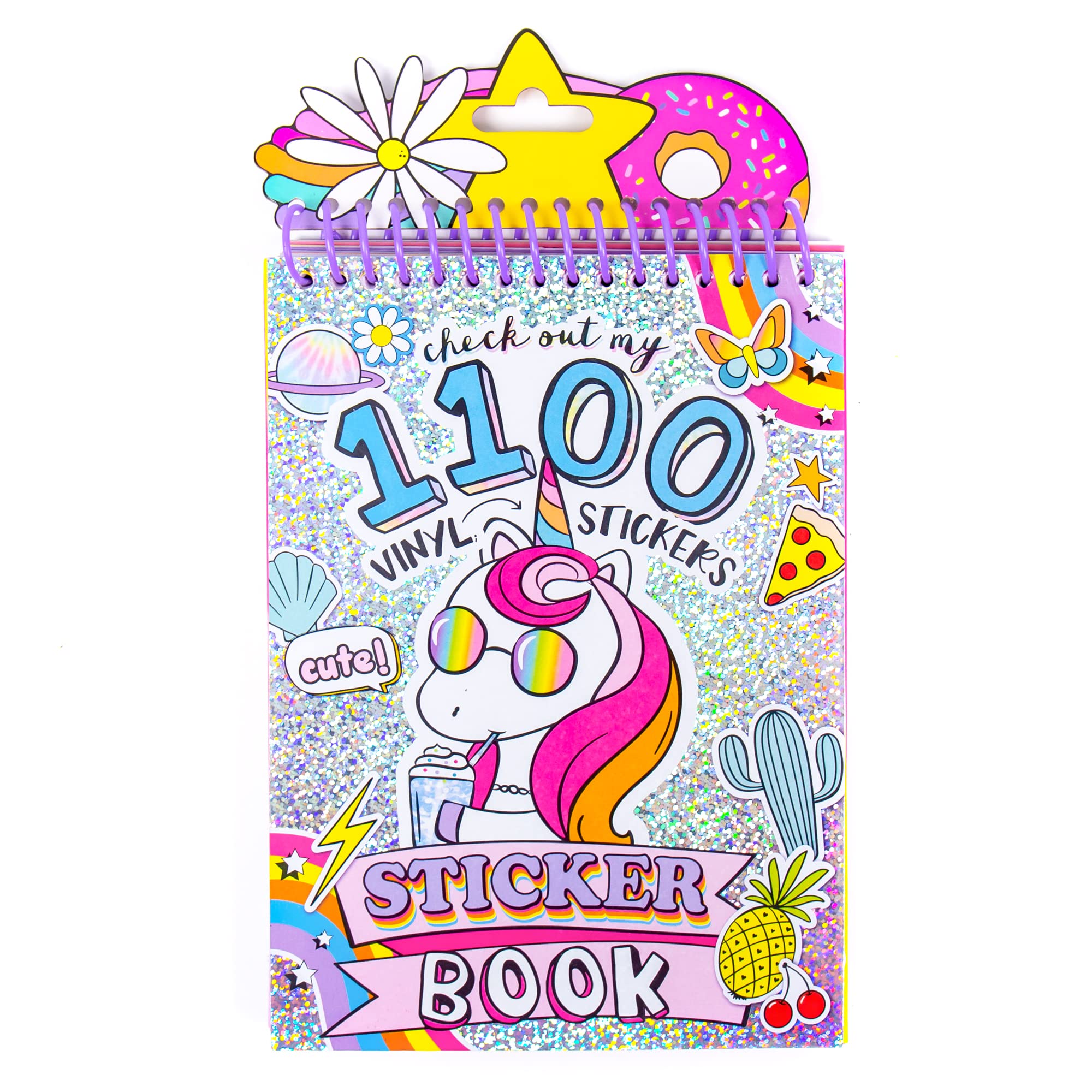 Just My Style 1100-Piece Reusable Vinyl Sticker Book - Sparkly Spiral Bound with Unicorns, Tie-Dye, Sweet Treats & Positivity Quotes