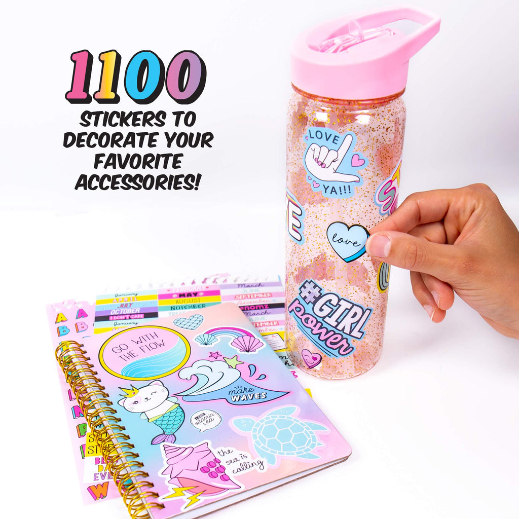Just My Style 1100-Piece Reusable Vinyl Sticker Book - Sparkly Spiral Bound with Unicorns, Tie-Dye, Sweet Treats & Positivity Quotes