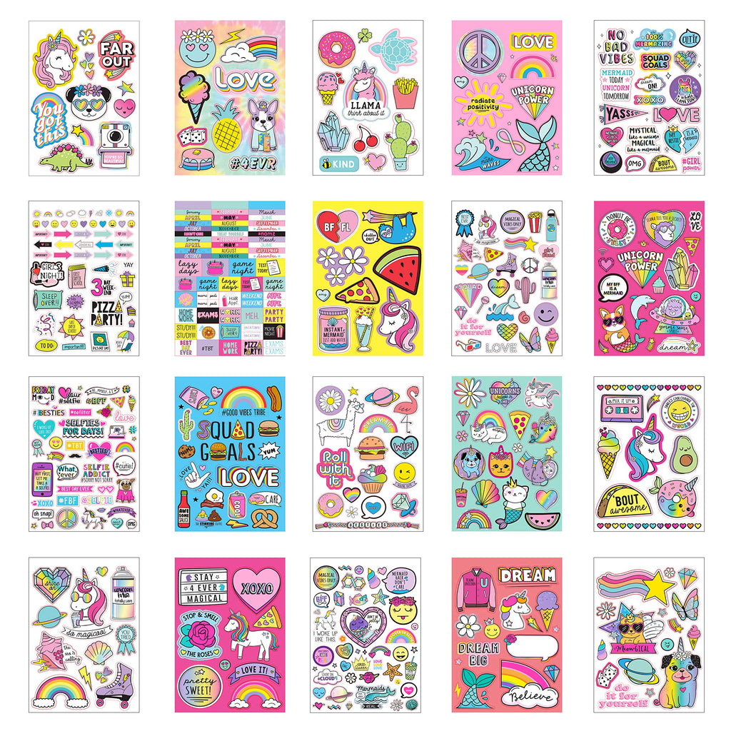 Just My Style 1100-Piece Reusable Vinyl Sticker Book - Sparkly Spiral Bound with Unicorns, Tie-Dye, Sweet Treats & Positivity Quotes