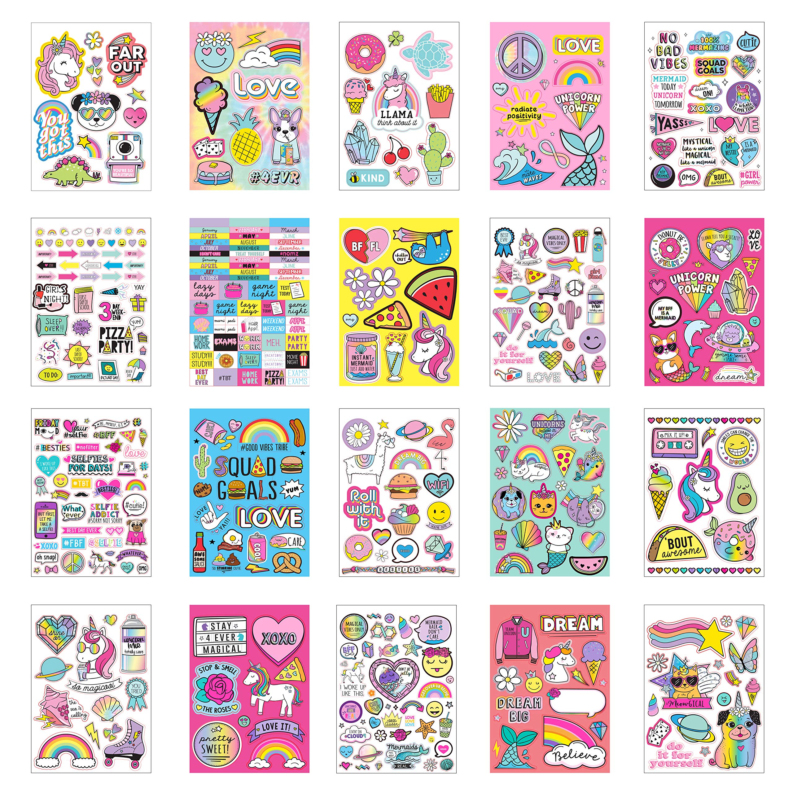 Just My Style 1100-Piece Reusable Vinyl Sticker Book - Sparkly Spiral Bound with Unicorns, Tie-Dye, Sweet Treats & Positivity Quotes
