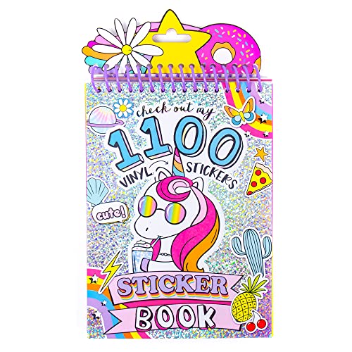 Just My Style 1100-Piece Reusable Vinyl Sticker Book - Sparkly Spiral Bound with Unicorns, Tie-Dye, Sweet Treats & Positivity Quotes