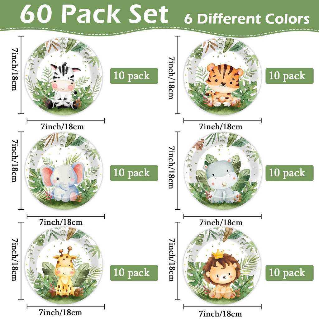 Justforjoyful 60-Pack Jungle Safari Paper Plates – 7-Inch Zoo Animal Dinnerware for Parties, Birthdays & Picnics