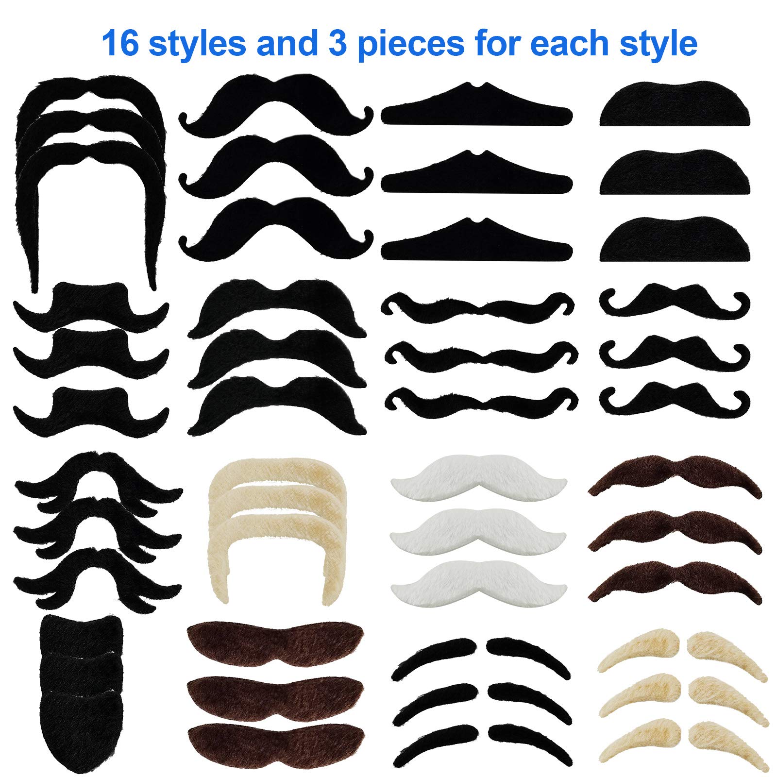 Jutoe 48 Pack Self Adhesive Fake Mustaches - Black Plush Halloween Costume Accessories