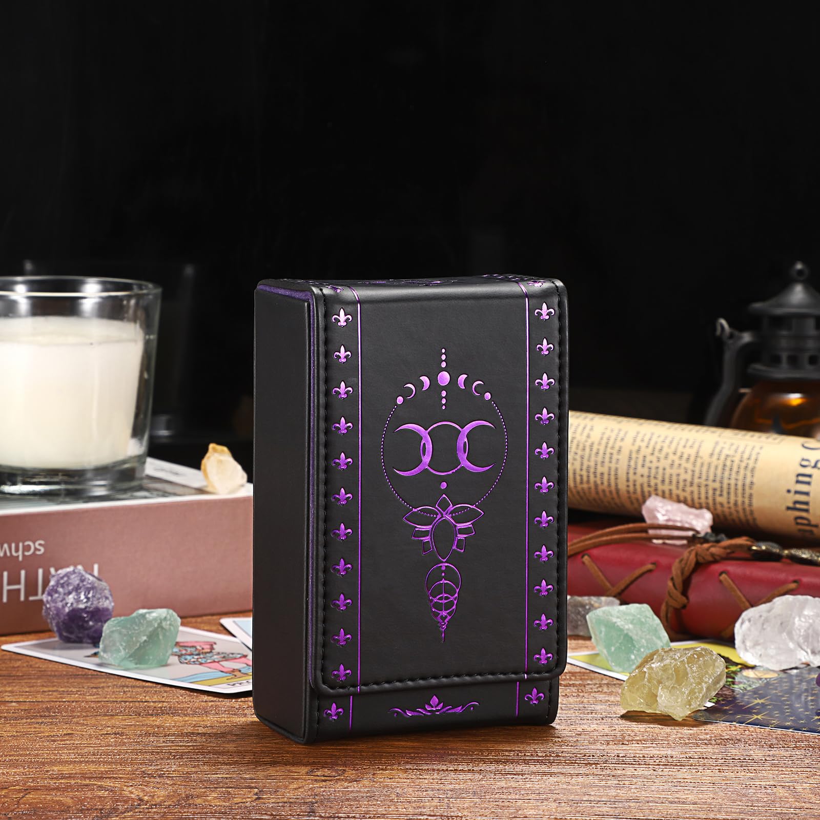JUXYES PU Leather Tarot Card Case with Moon Pattern - Magnetic Closure Protective Pouch for Standard Size Decks