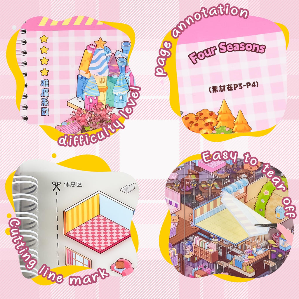 J.WMEET 10-Pack Big 3D Sticker Scenes Book - DIY Make-Your-Own House Stickers for Adults, Stress Relief, Pink