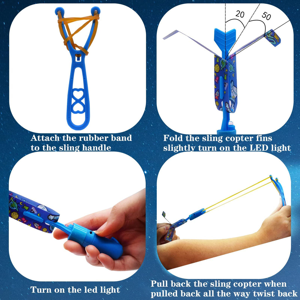 JX Rocket Slingshot Flying Toys with LED Lights - 12 Pack Glow in Dark Helicopters for Kids Outdoor Party