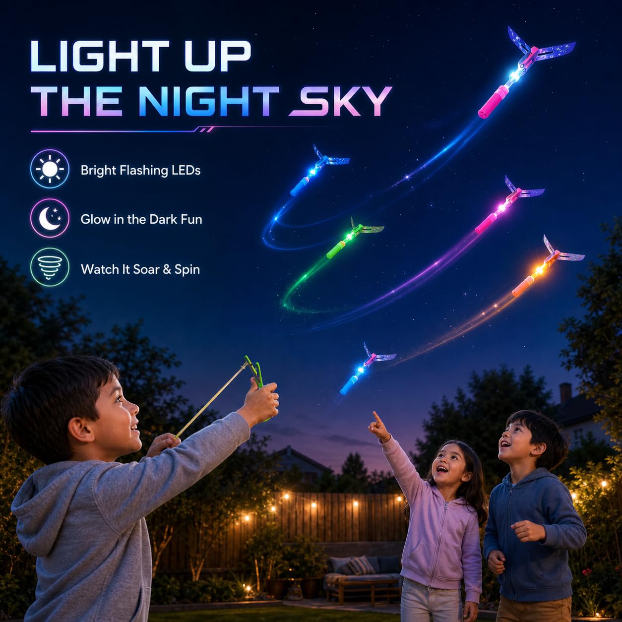 JX Rocket Slingshot Flying Toys with LED Lights - 12 Pack Glow in Dark Helicopters for Kids Outdoor Party