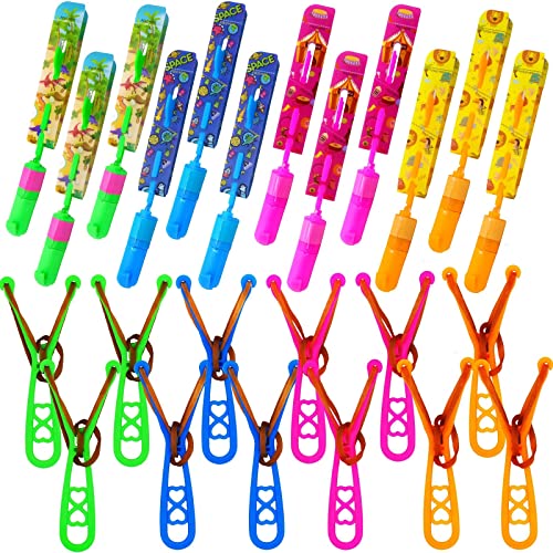 JX Rocket Slingshot Flying Toys with LED Lights - 12 Pack Glow in Dark Helicopters for Kids Outdoor Party