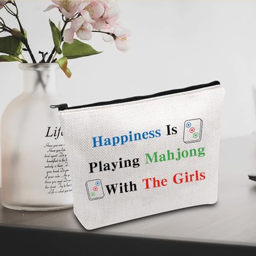 JXGZSO Mahjong Bag: Canvas Pouch with 'Happiness Is Playing Mahjong' Print