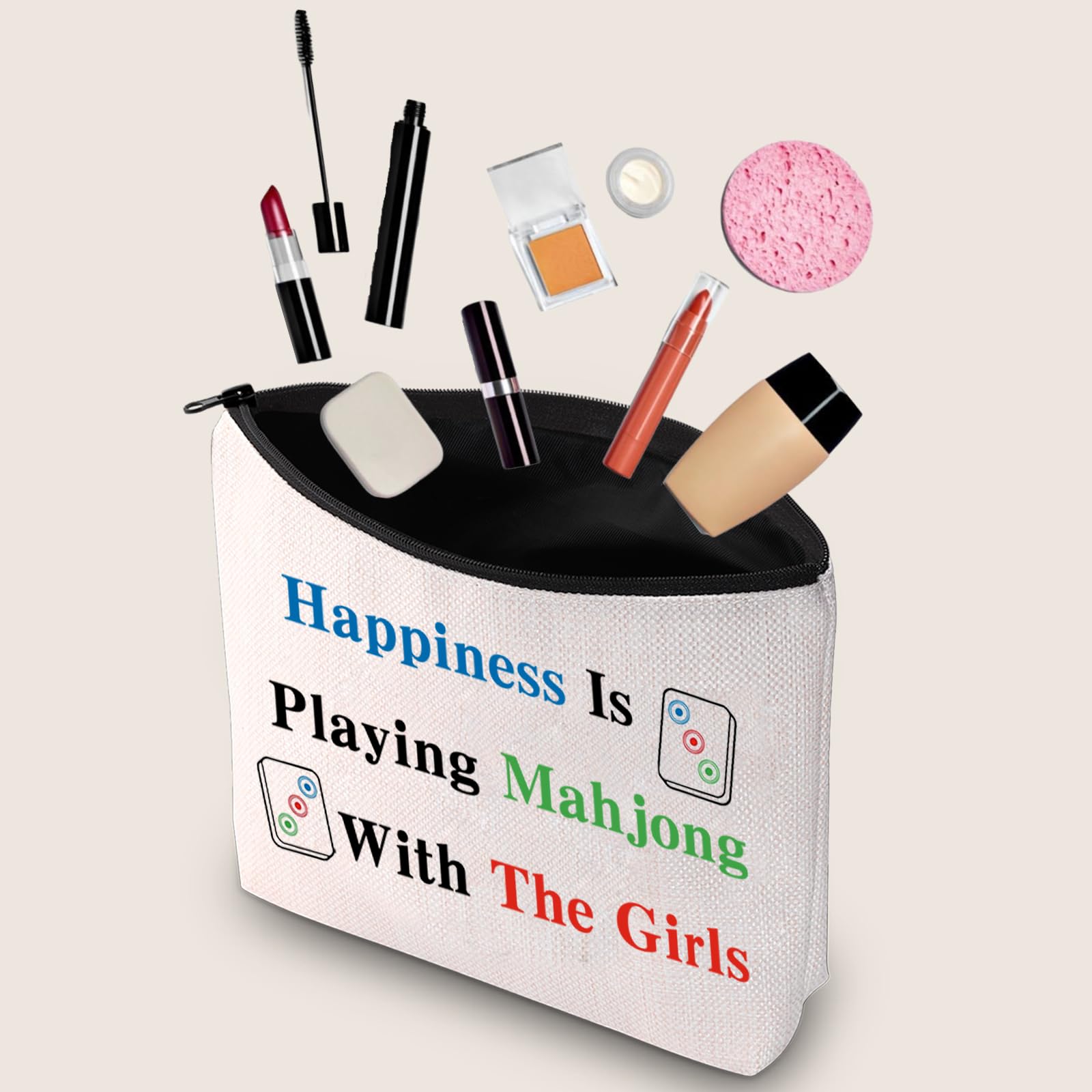 JXGZSO Mahjong Bag: Canvas Pouch with 'Happiness Is Playing Mahjong' Print