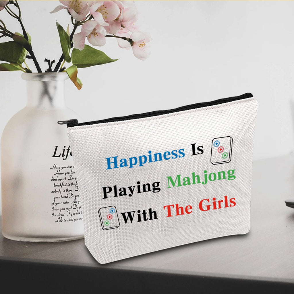 JXGZSO Mahjong Bag: Canvas Pouch with 'Happiness Is Playing Mahjong' Print