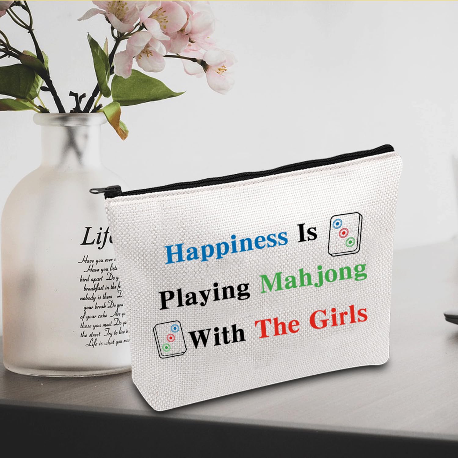 JXGZSO Mahjong Bag: Canvas Pouch with 'Happiness Is Playing Mahjong' Print