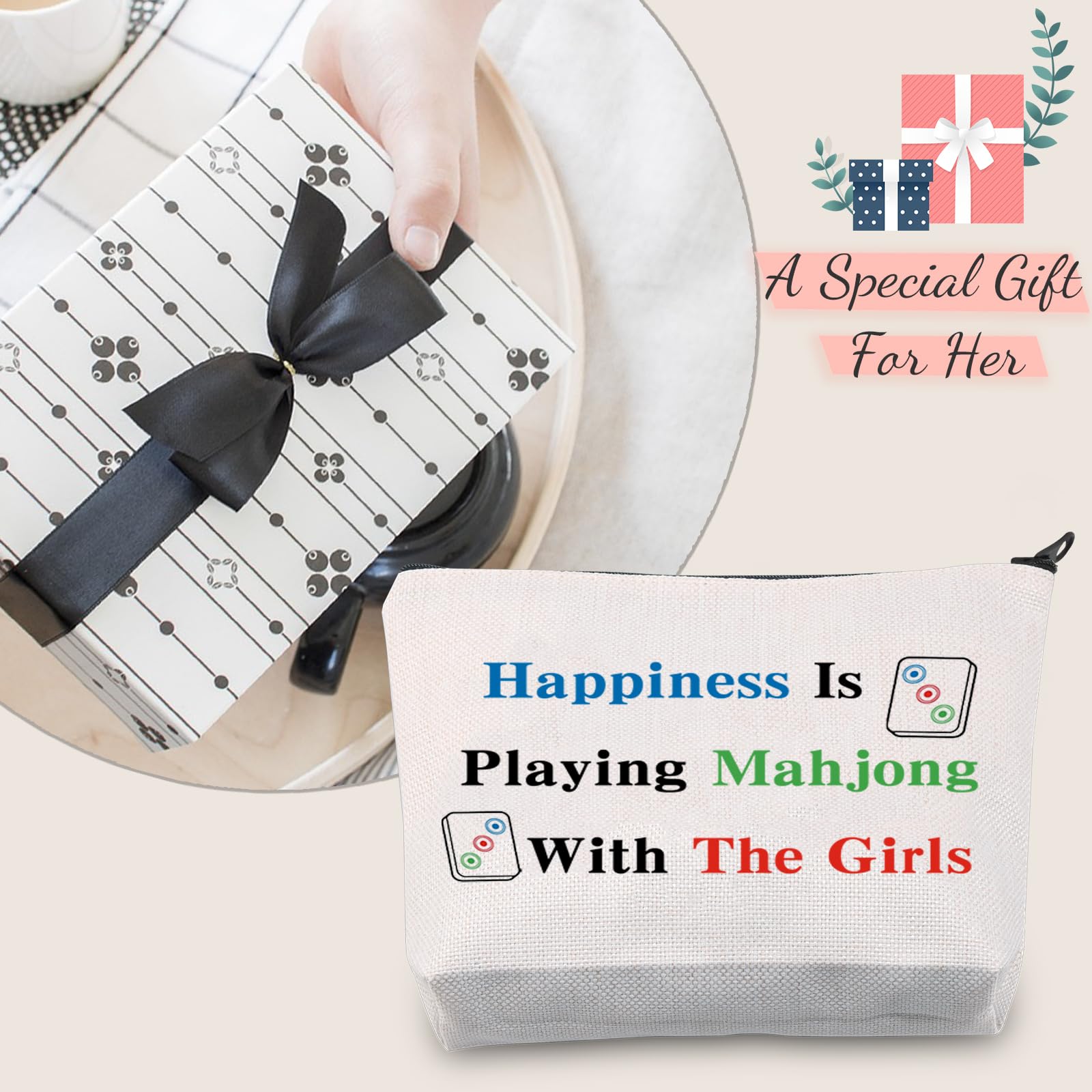 JXGZSO Mahjong Bag: Canvas Pouch with 'Happiness Is Playing Mahjong' Print
