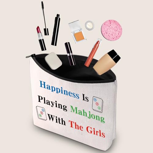 JXGZSO Mahjong Bag: Canvas Pouch with 'Happiness Is Playing Mahjong' Print