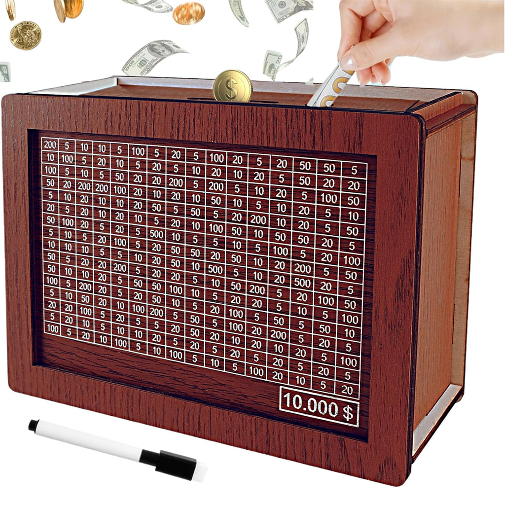 Jxueych 10k Savings Challenge Box – Wooden Piggy Bank with Counter, Dark Brown