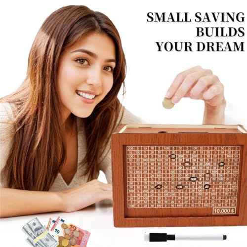 Jxueych 10k Savings Challenge Box – Wooden Piggy Bank with Counter, Dark Brown