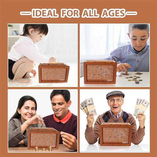 Jxueych 10k Savings Challenge Box – Wooden Piggy Bank with Counter, Dark Brown