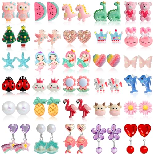 Jxzdle Clip On Earrings for Girls – 10 to 32 Pairs Hypoallergenic Toddler & Kids Earrings, Ages 4-12