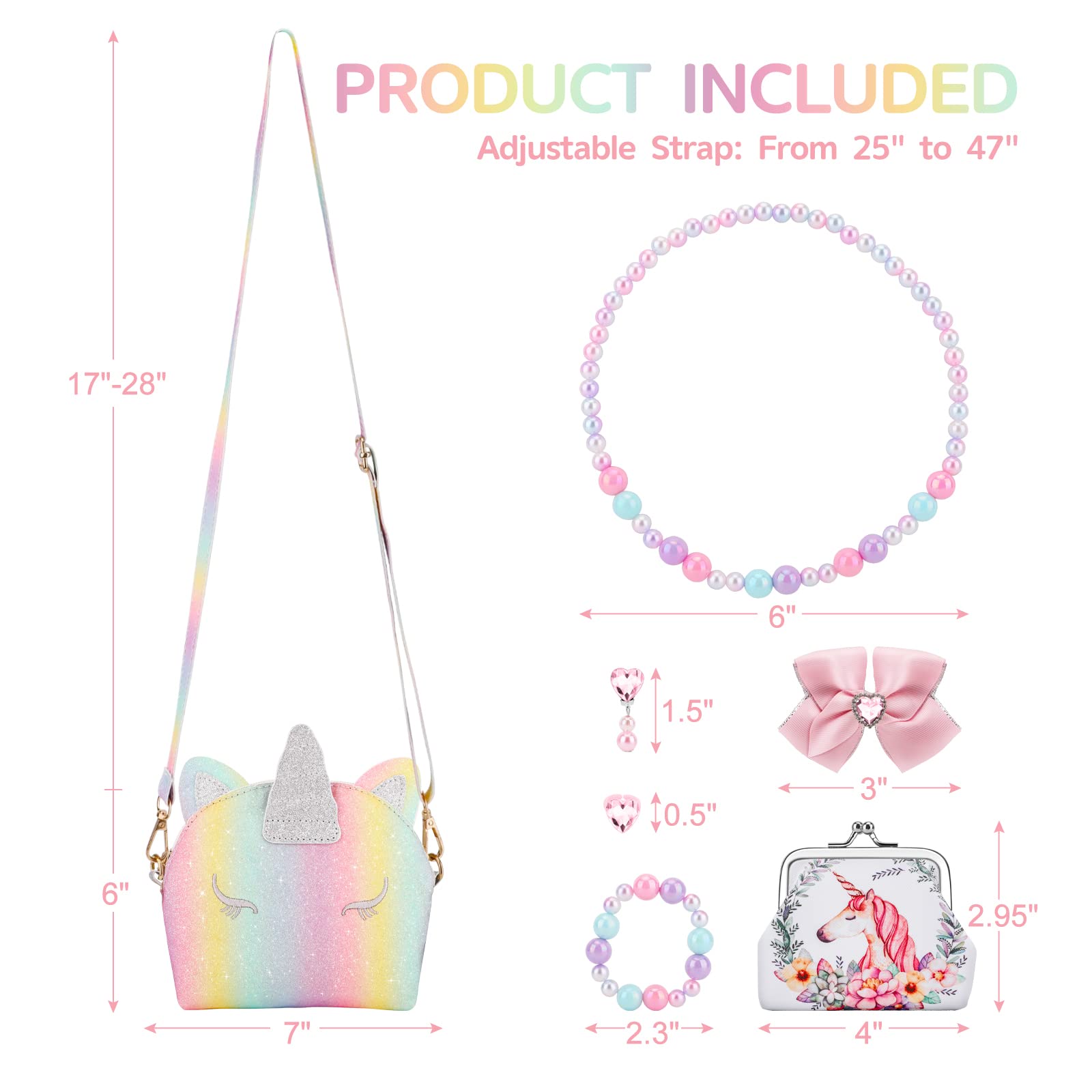 JYPS 7-Piece Toddler Purse Set for Girls - Unicorn Theme Pretend Play with Accessories